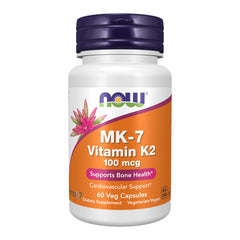 NOW Foods frasco frontal de MK‑7 100 mcg mostrando etiqueta clara y beneficios