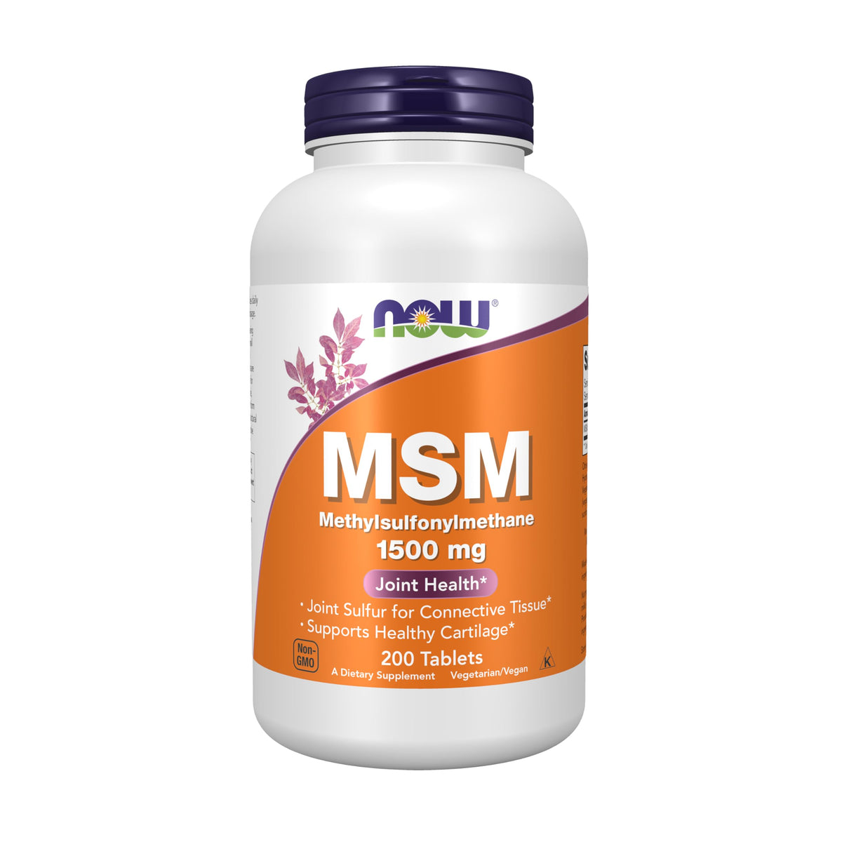 NOW Foods bote frontal mostrando MSM 1500 mg y beneficio claro