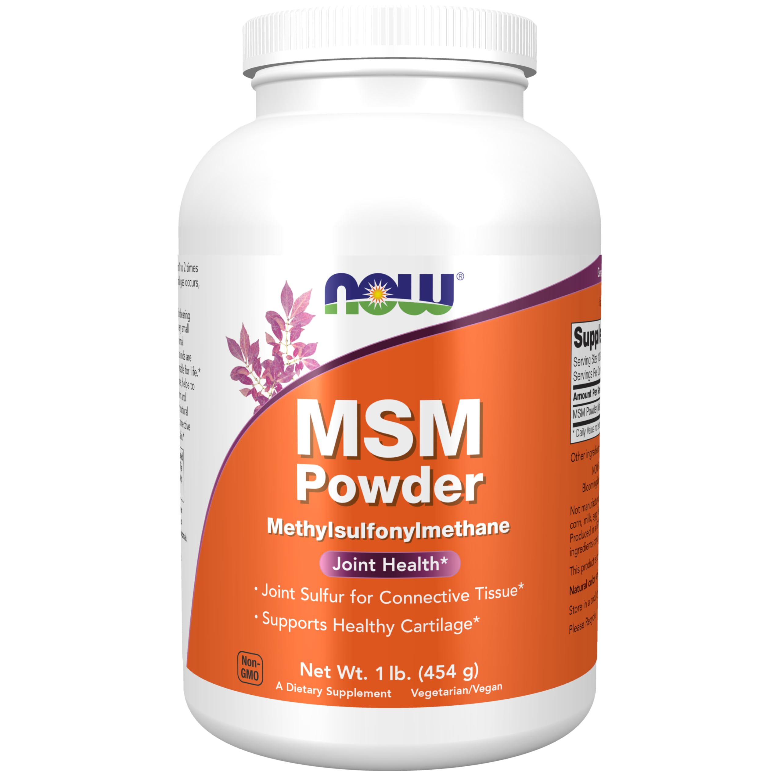 NOW Foods envase frontal de MSM en polvo, claridad y confianza