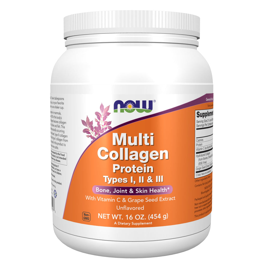 NOW Foods envase frontal del multi collagen mostrando tamaño y marca