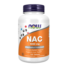 NOW Foods frasco frontal mostrando NAC 1000 mg y 120 tabletas, confianza en la marca