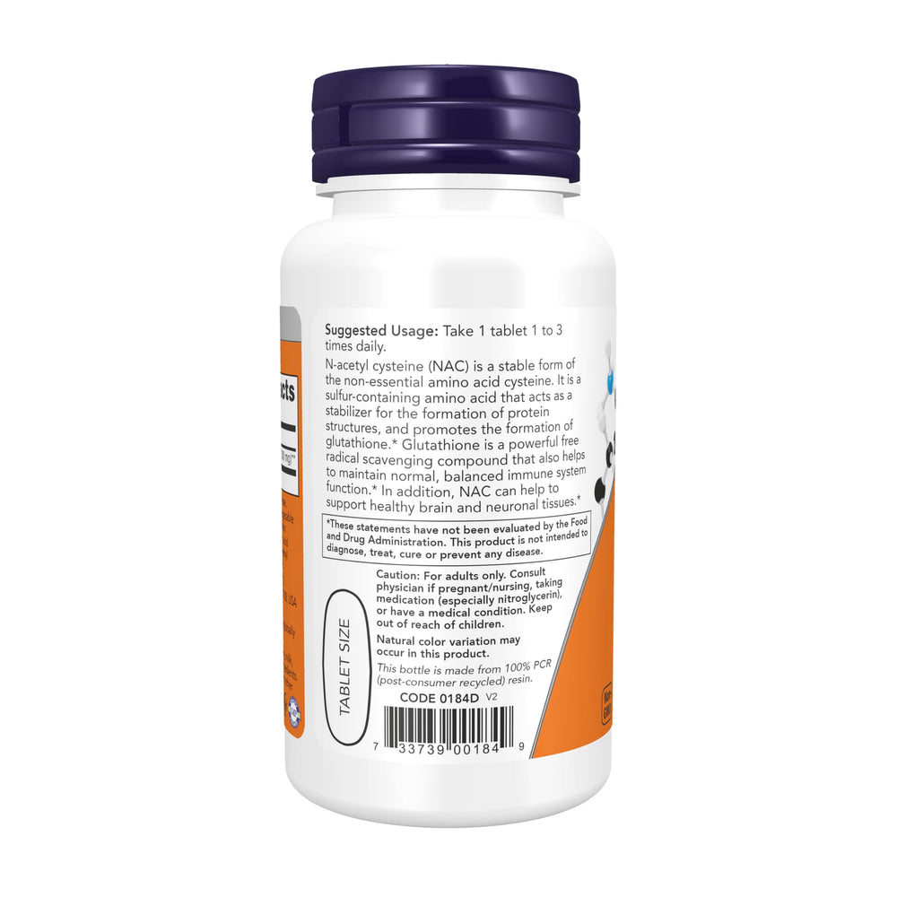 NOW Foods textura de tableta NAC detalle, indica calidad y estabilidad