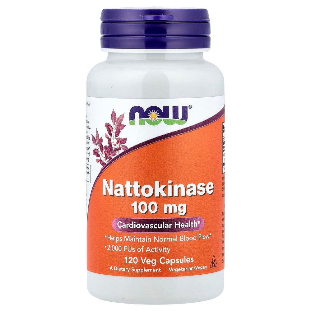 NOW Foods frasco frontal de Nattokinase 120 VegiCaps mostrando etiqueta clara