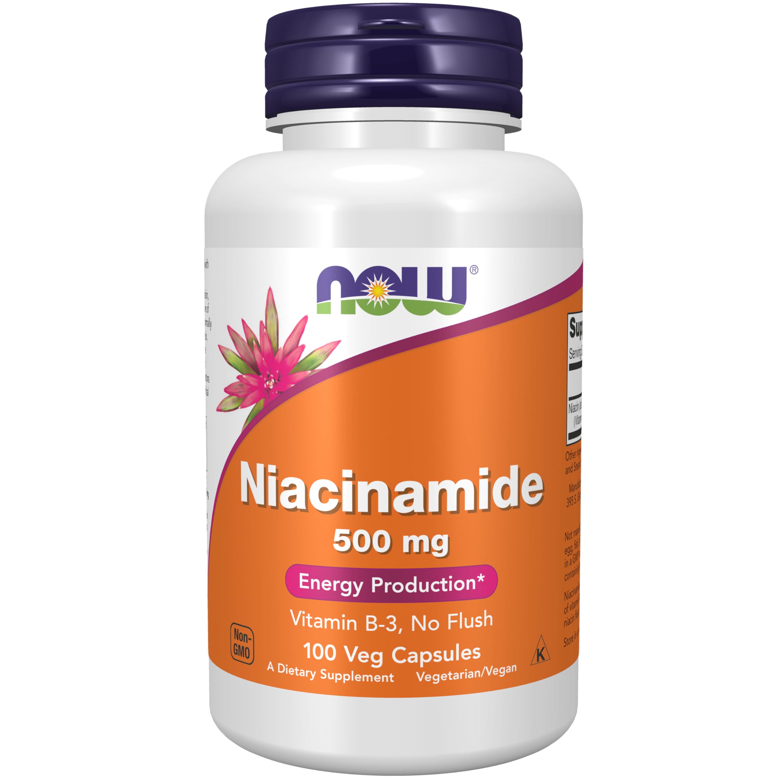 Botella NOW Foods Niacinamide 500 mg vista frontal con beneficios claros