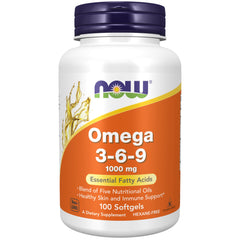 NOW Foods frasco frontal mostrando 100 cápsulas blandas y beneficios de ácidos grasos