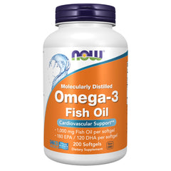 NOW Foods envase frontal de Omega-3 con 200 cápsulas, confianza en calidad