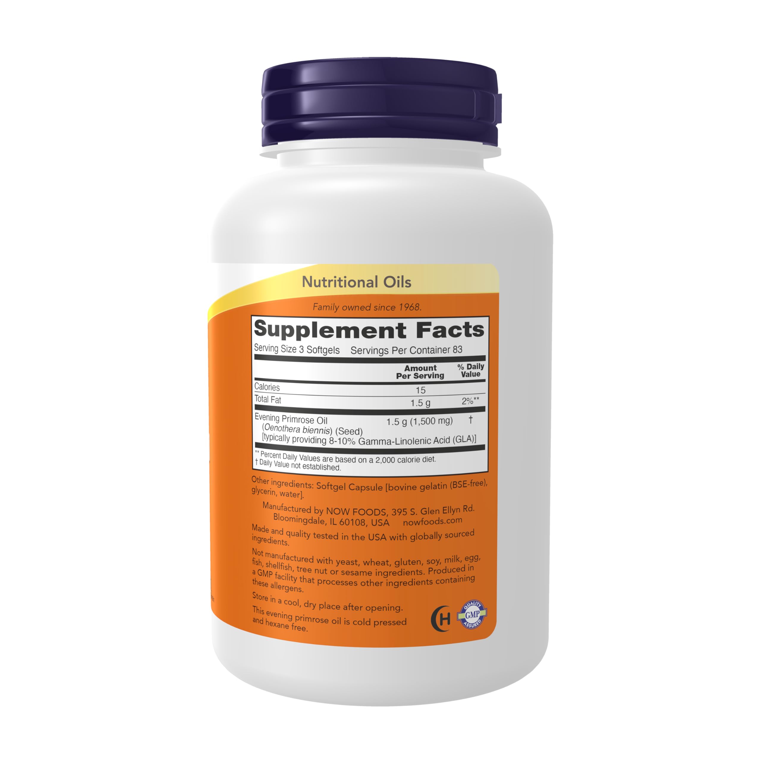NOW Foods primer plano de una softgel de onagra mostrando textura fácil de tragar