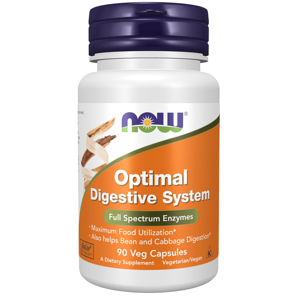 NOW Foods envase frontal mostrando 90 cápsulas y beneficios digestivos