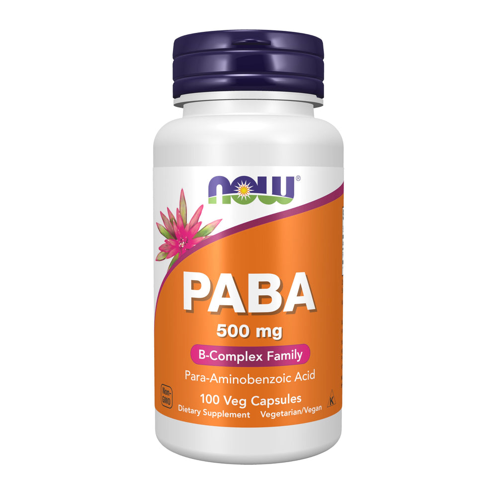 NOW Foods frasco frontal del pack de PABA 500 mg mostrando etiqueta y cantidad