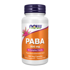 NOW Foods frasco frontal del pack de PABA 500 mg mostrando etiqueta y cantidad