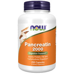 NOW Foods botella frontal con Pancreatin 2000 mostrando el envase y beneficios