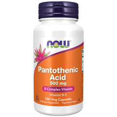 NOW Foods frasco frontal de Pantothenic Acid 500 mg mostrando diseño y cantidad