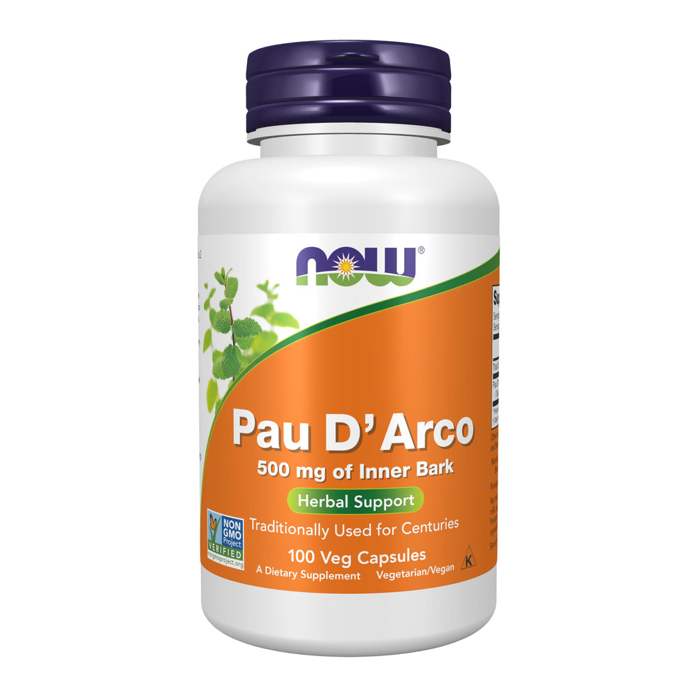 NOW Foods frasco frontal con Pau D'Arco mostrando etiqueta y beneficios