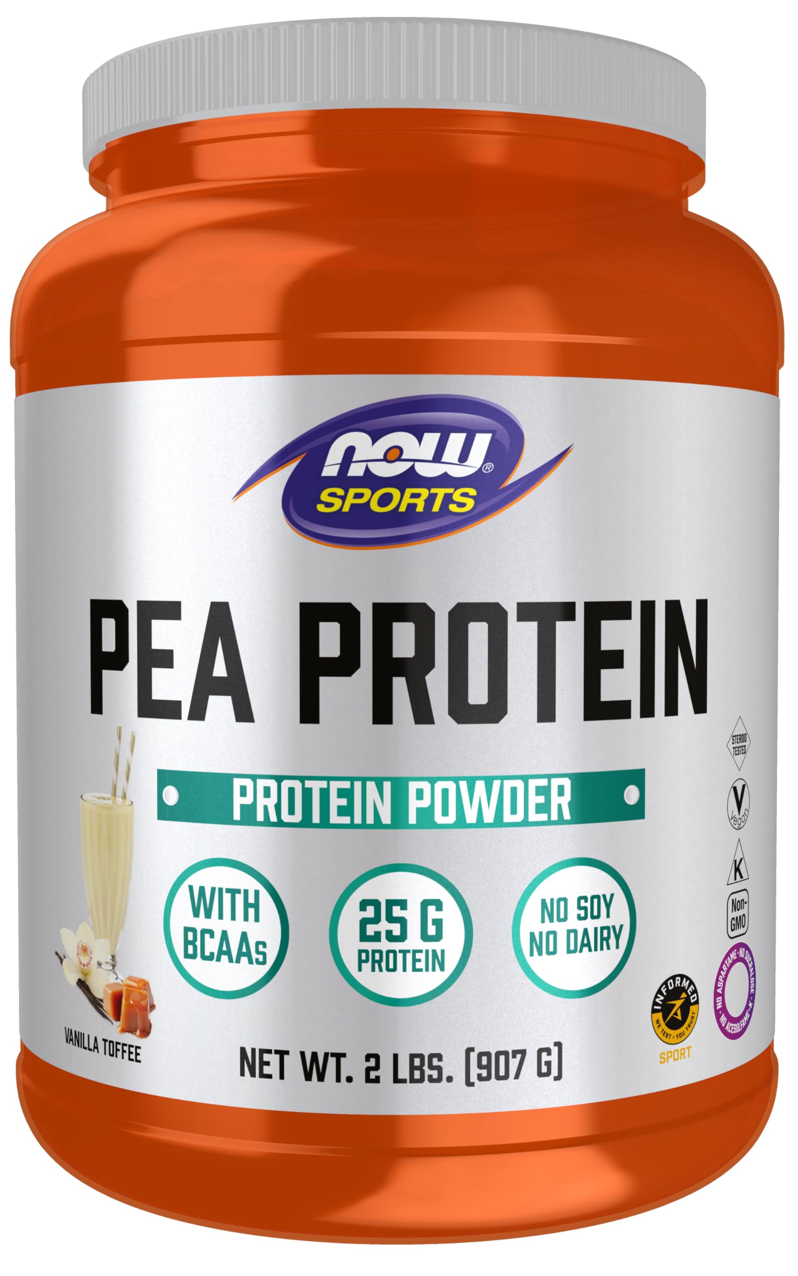 NOW Foods envase frontal mostrando 2 lb y sabor vainilla toffee, opción proteica vegetal
