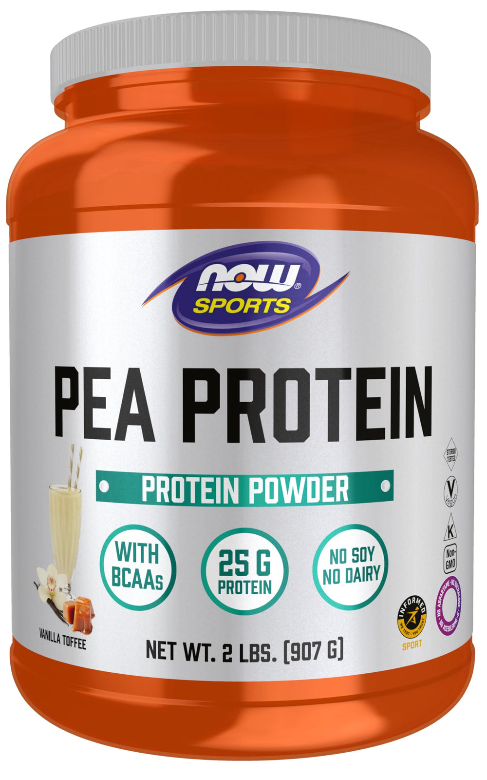 NOW Foods envase frontal mostrando 2 lb y sabor vainilla toffee, opción proteica vegetal