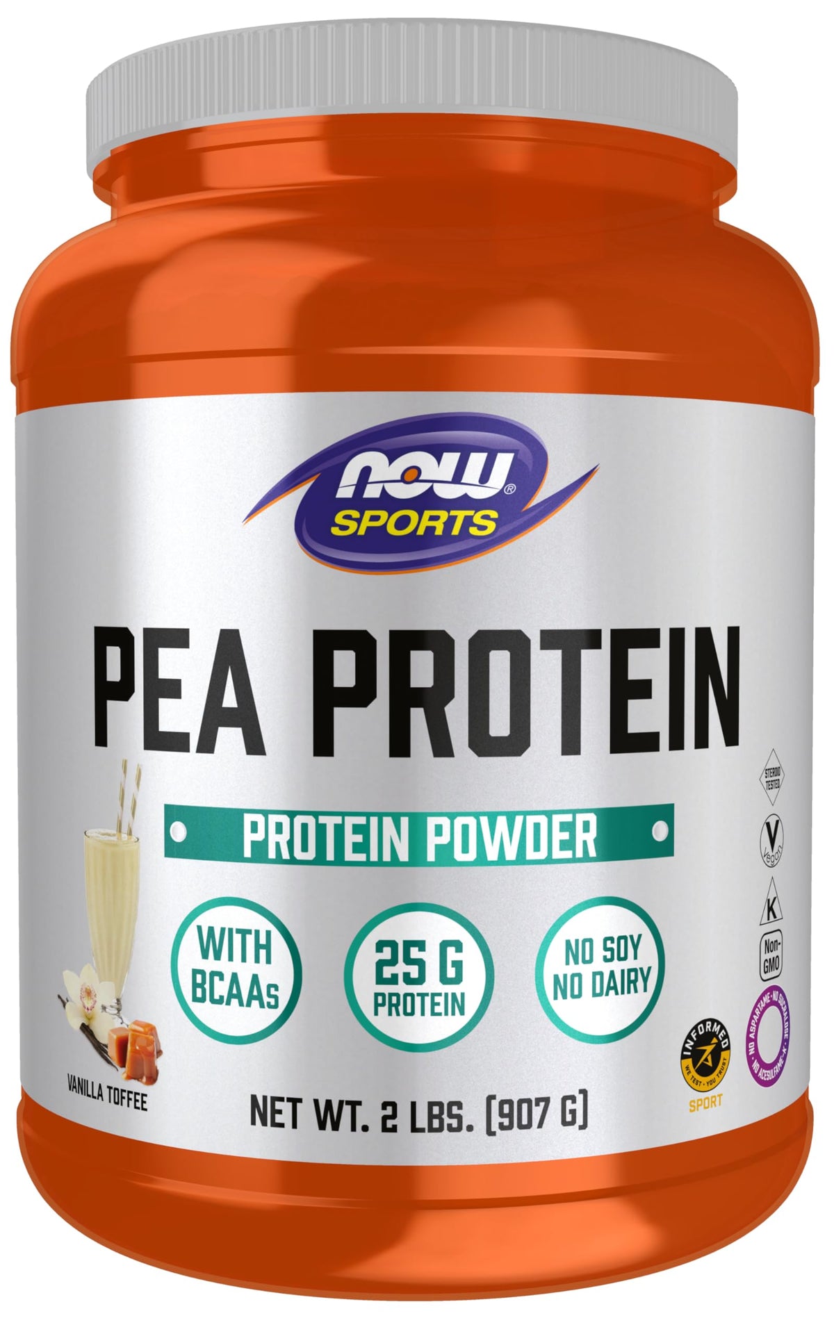 NOW Foods envase frontal mostrando 2 lb y sabor vainilla toffee, opción proteica vegetal
