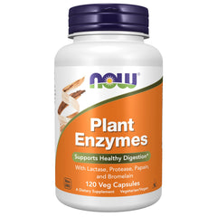 NOW Foods envase frontal mostrando cápsulas veganas y beneficios digestivos