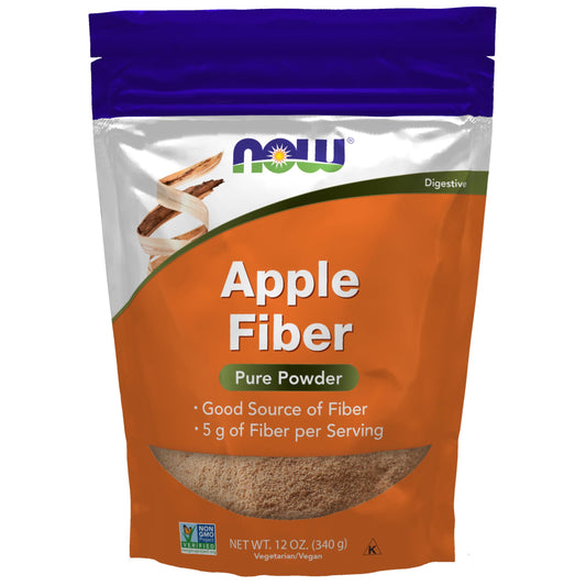 NOW Foods envase frontal del polvo de fibra de manzana, práctico y verificado