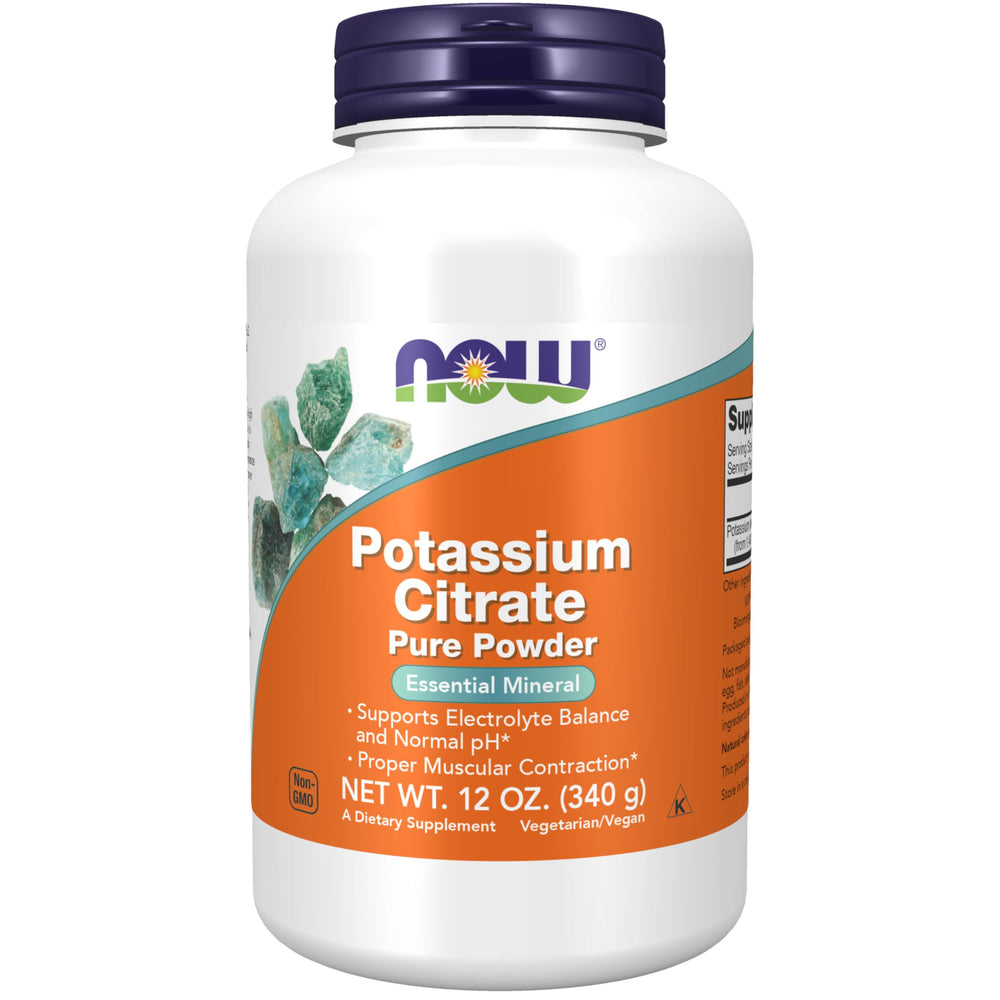 NOW Foods frente del envase de Potassium Citrate Powder, presentación clara y profesional