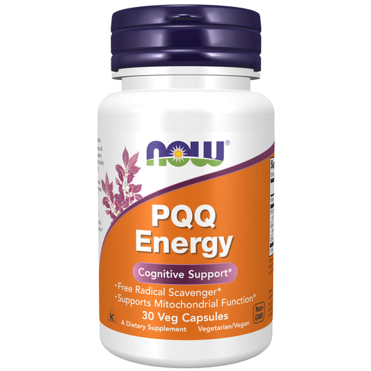 NOW Foods envase frontal del suplemento PQQ Energy mostrando beneficios