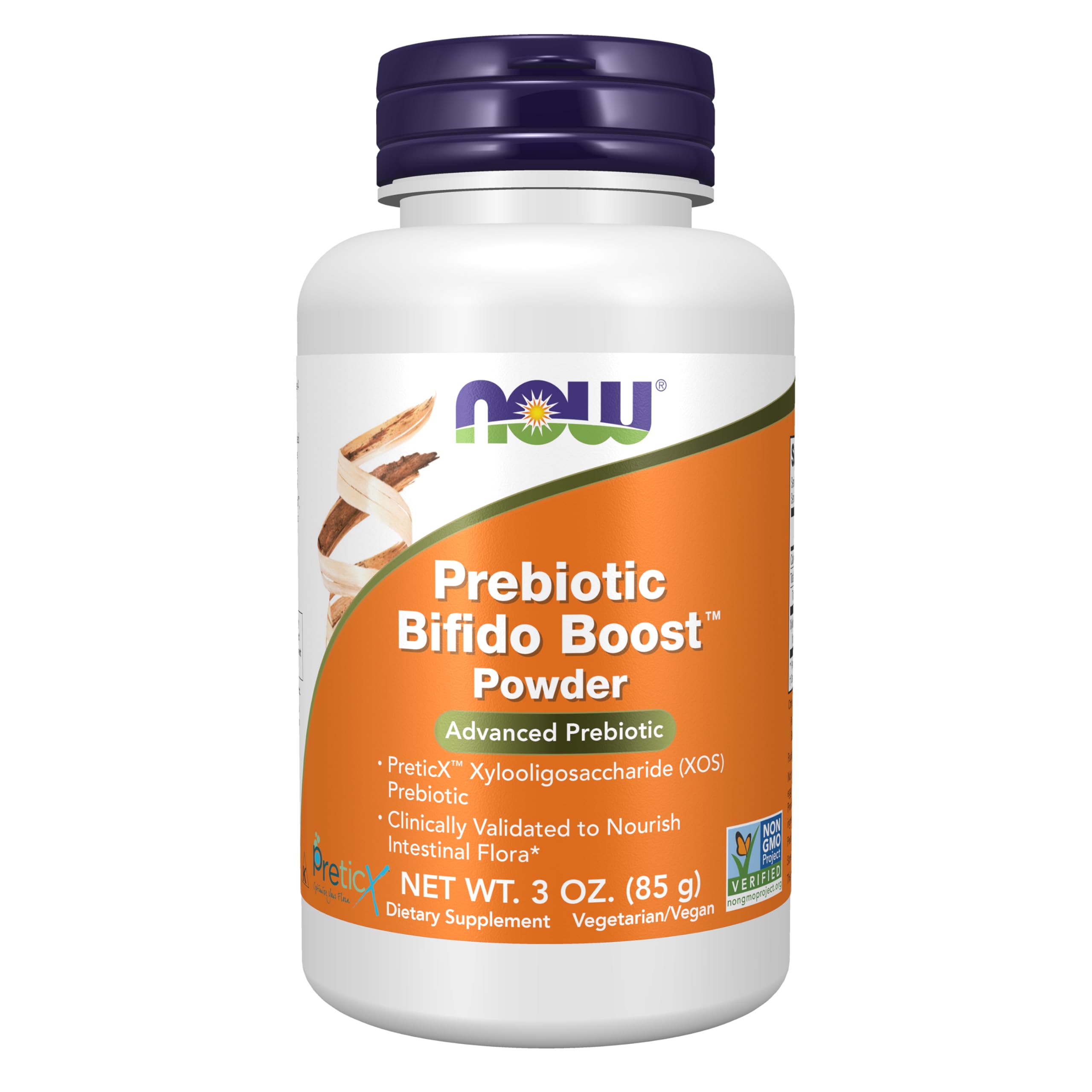 NOW Foods frasco frontal del prebiótico Bifido Boost, visión clara del envase y tamaño