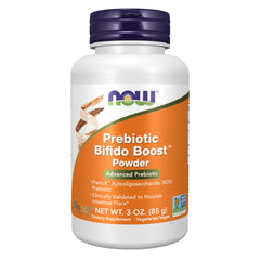 NOW Foods frasco frontal del prebiótico Bifido Boost, visión clara del envase y tamaño