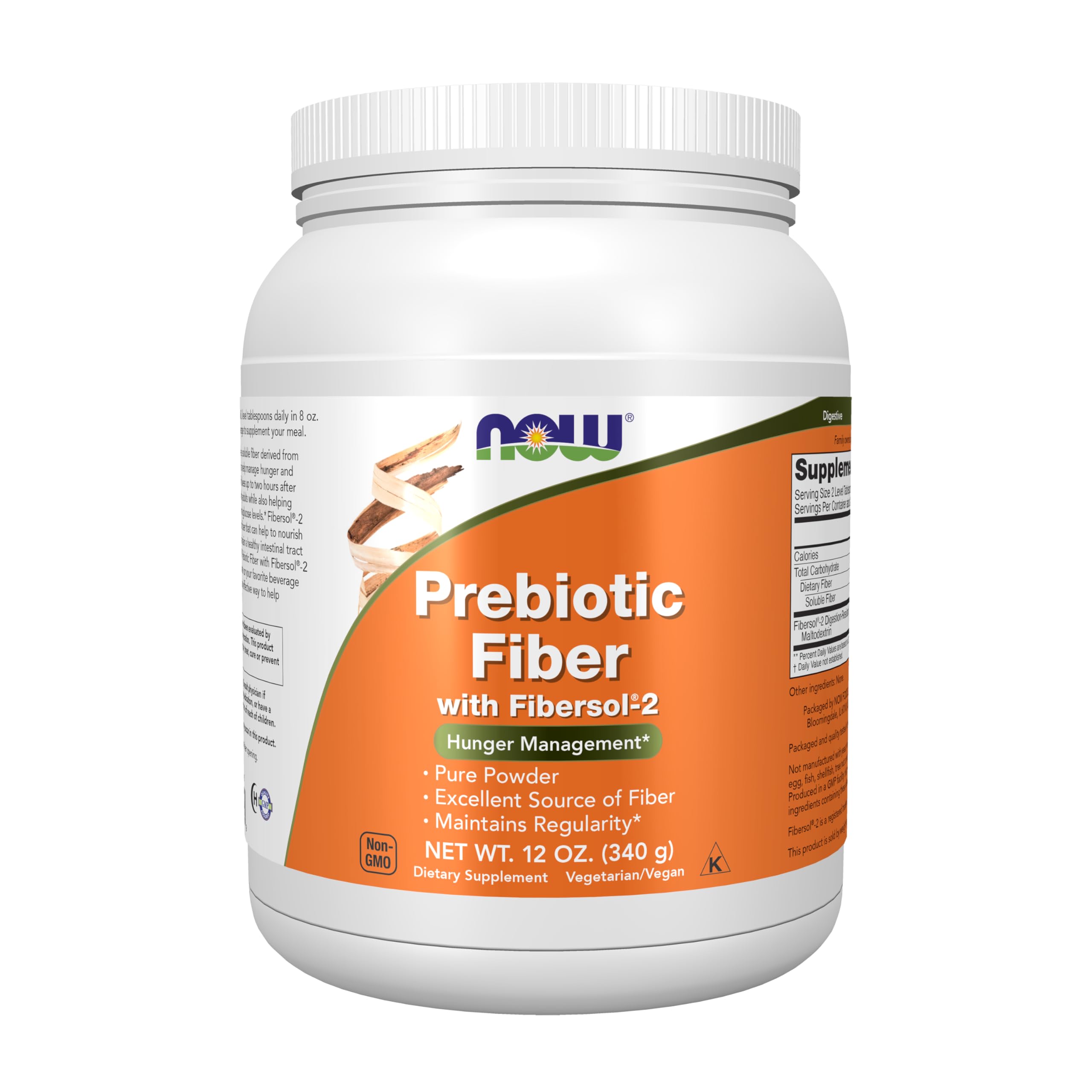 NOW Foods envase frontal del polvo prebiotico, muestra claro y beneficios