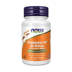 NOW Foods frasco Probiotic-10 frente mostrando etiqueta y beneficios