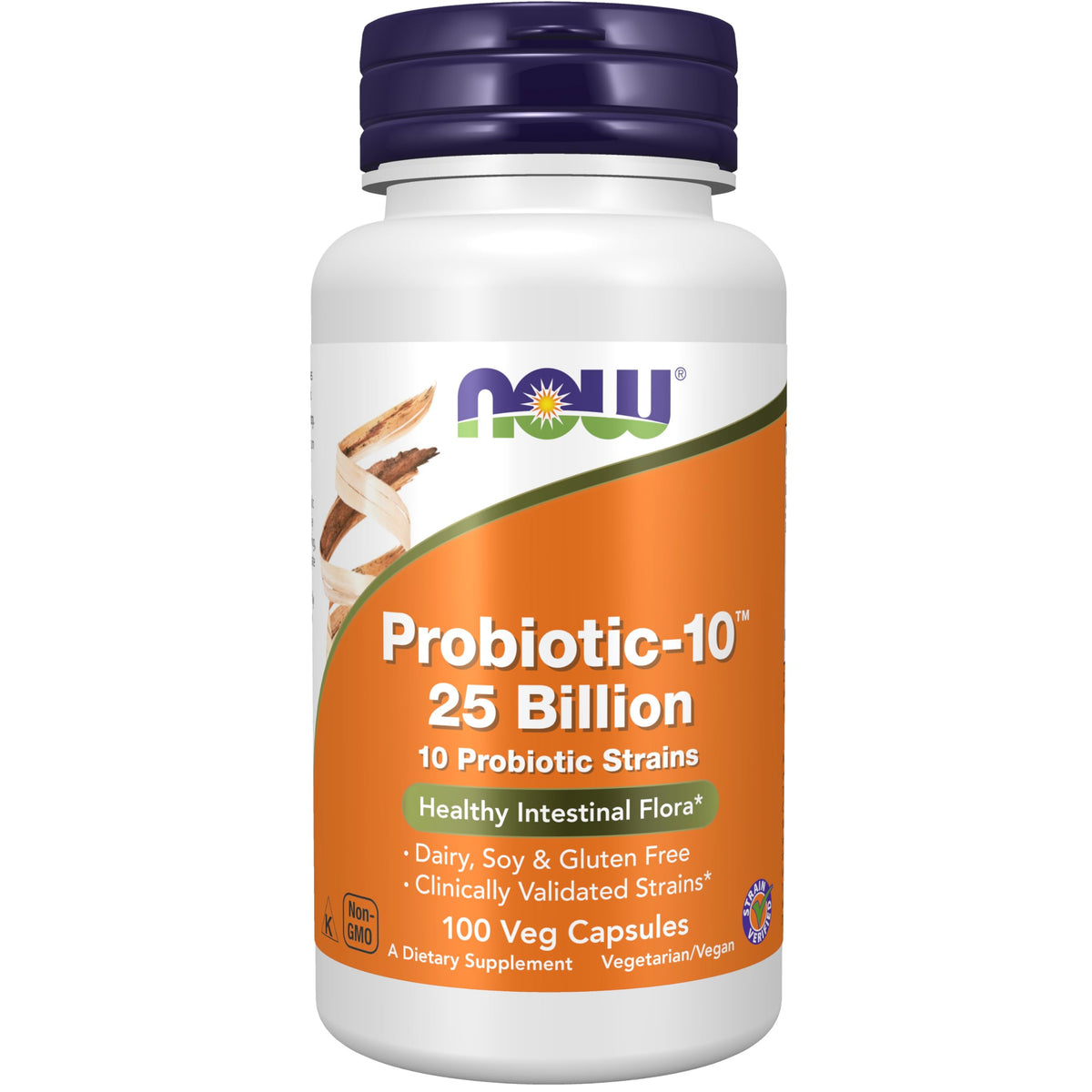 NOW Foods frasco frontal mostrando Probiotic-10 y etiqueta clara, confianza inmediata
