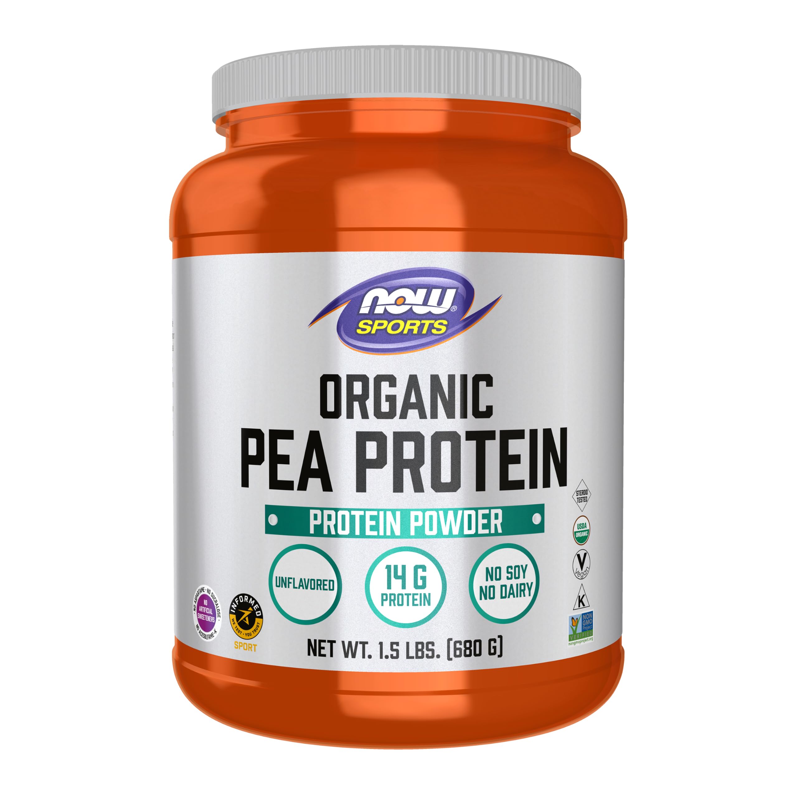 NOW Foods empaque frontal de proteína de guisante, muestra confianza en calidad