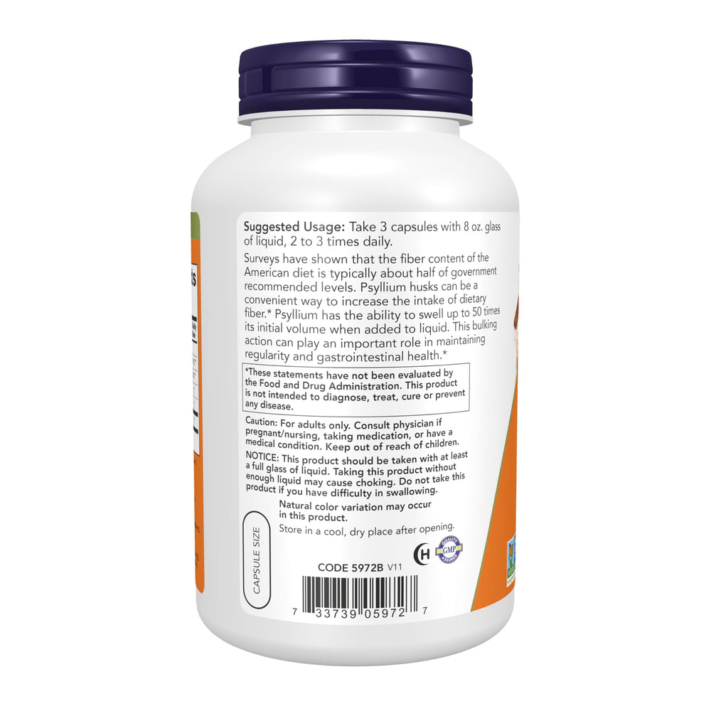 Macro de cápsulas Now Foods Psyllium mostrando textura y recubrimiento vegano