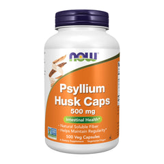 Now Foods envase frontal de Psyllium Husk mostrando certificaciones y beneficios