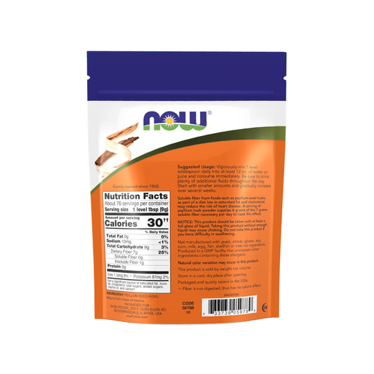 NOW Foods psyllium husk powder jar with scoop shows 6 g soluble fiber per serving.
