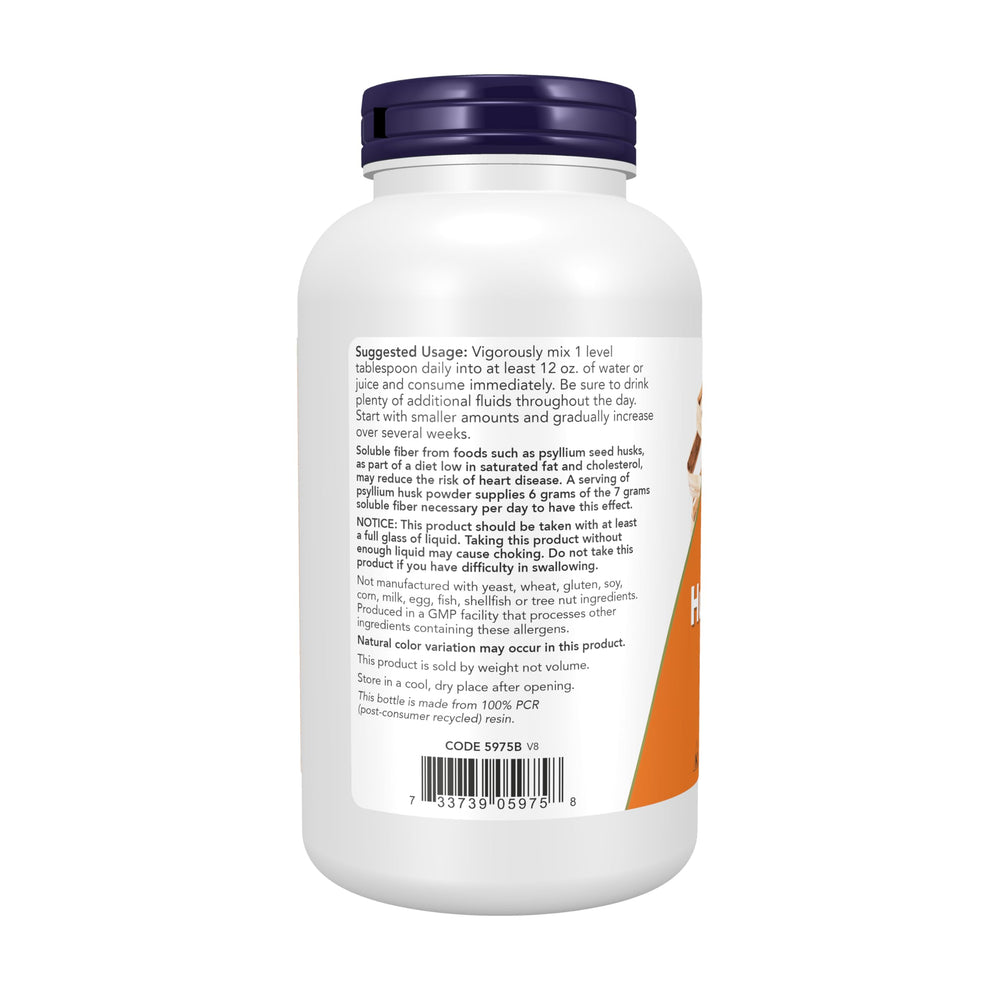 NOW Foods cucharada medidora con psyllium mostrando dosis