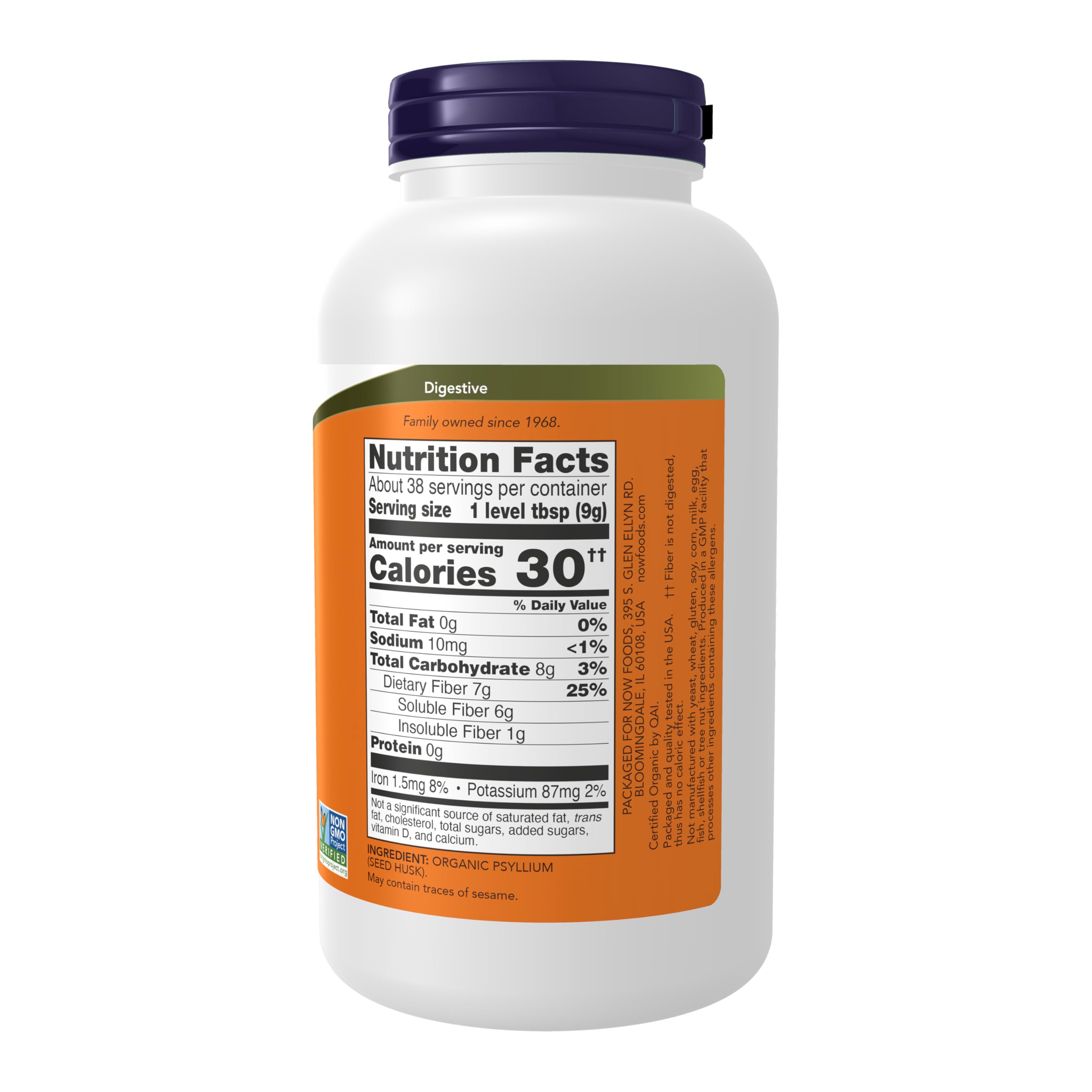 NOW Foods detalle de textura del polvo de psyllium que facilita mezcla rápida