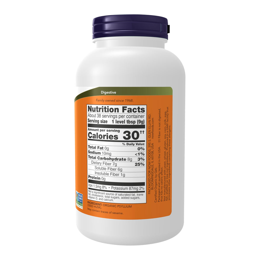 NOW Foods detalle de textura del polvo de psyllium que facilita mezcla rápida