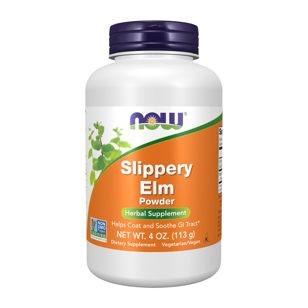NOW Foods envase frontal de Slippery Elm, fácil identificación y conservación