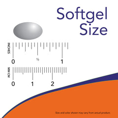 NOW Foods softgel en mano para comparar tamaño y fácil ingestión