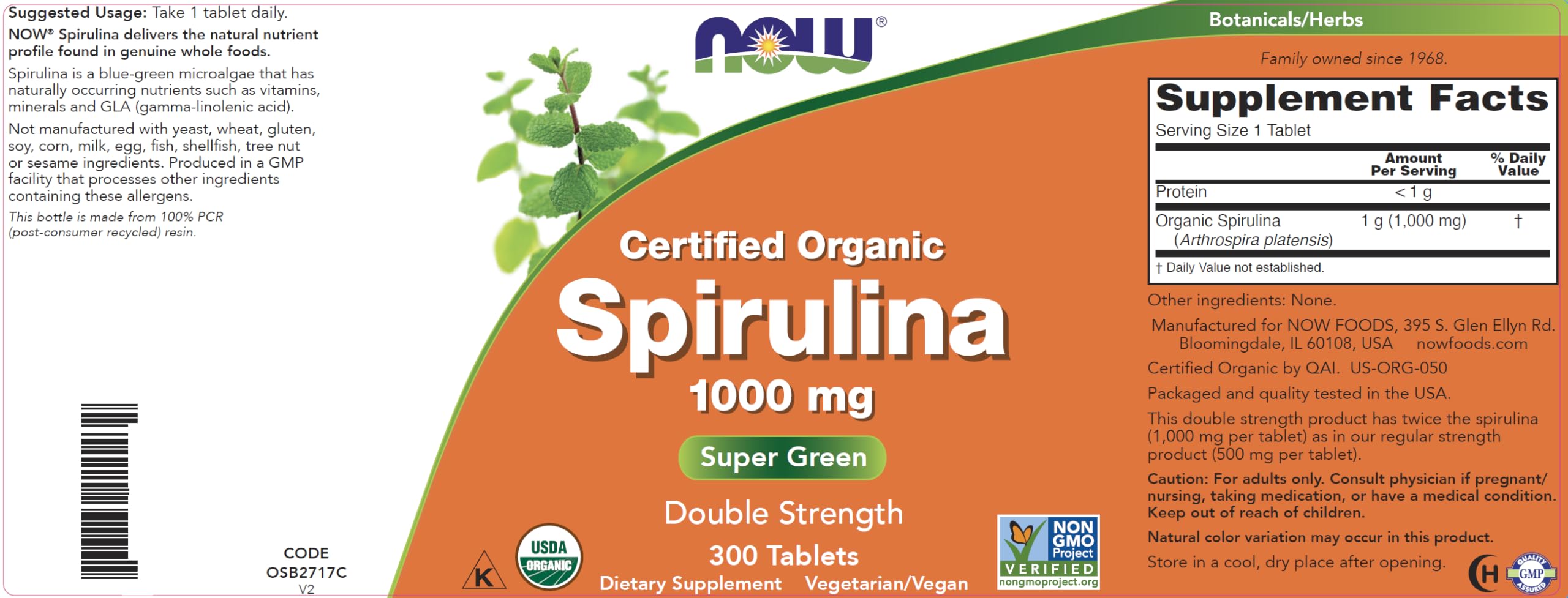 NOW Foods etiqueta con certificaciones orgánica y Non-GMO visibles