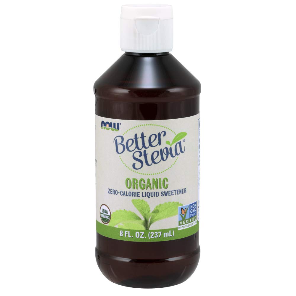 Now Foods botella frontal de stevia orgánica, identificación clara y confianza