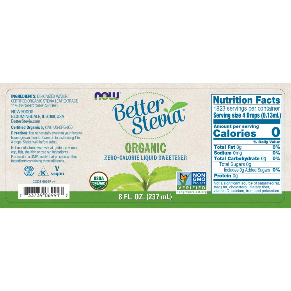 Now Foods detalle de gotas de stevia líquida en gotero para dosificación precisa