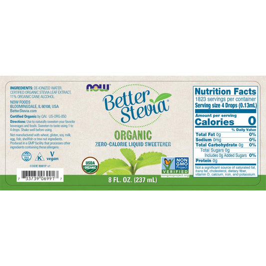Now Foods detalle de gotas de stevia líquida en gotero para dosificación precisa