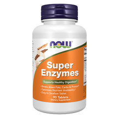 NOW Foods envase frontal mostrando Super Enzymes y beneficios digestivos