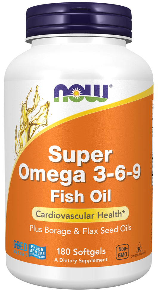 NOW Foods frasco frontal mostrando 180 softgels y beneficio de ácidos grasos balanceados