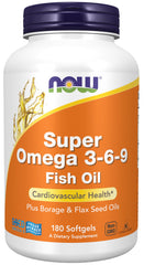 NOW Foods frasco frontal mostrando 180 softgels y beneficio de ácidos grasos balanceados