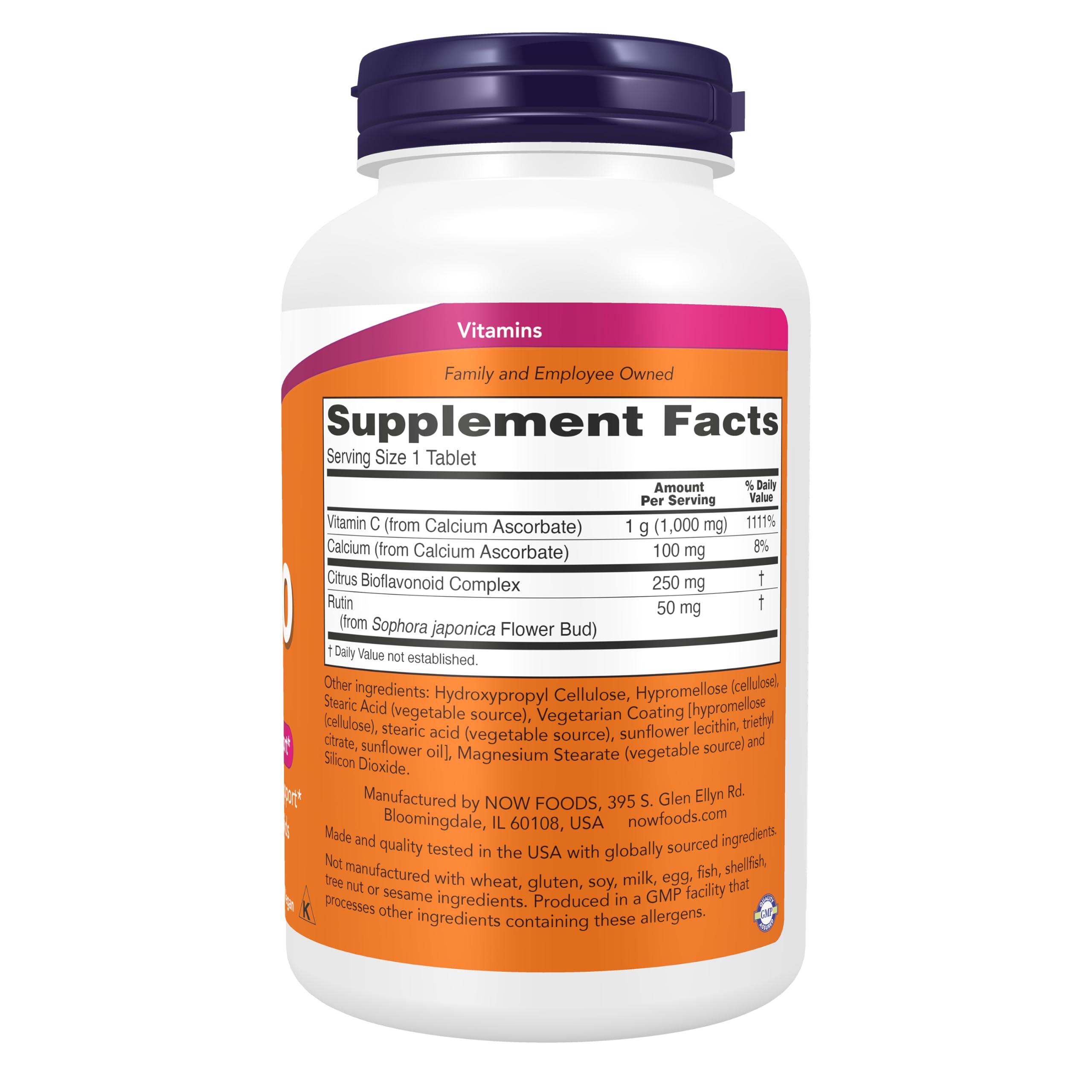 NOW Foods tabletas de vitamina C en primer plano, facilidad de consumo