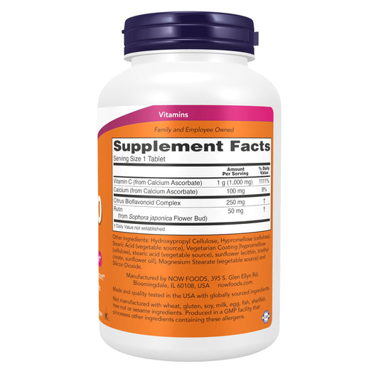 NOW Foods tabletas de vitamina C en primer plano, facilidad de consumo