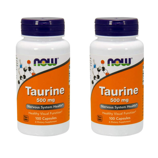 Now Foods frasco frontal de taurina 500 mg con etiqueta clara y beneficio de suministro prolongado