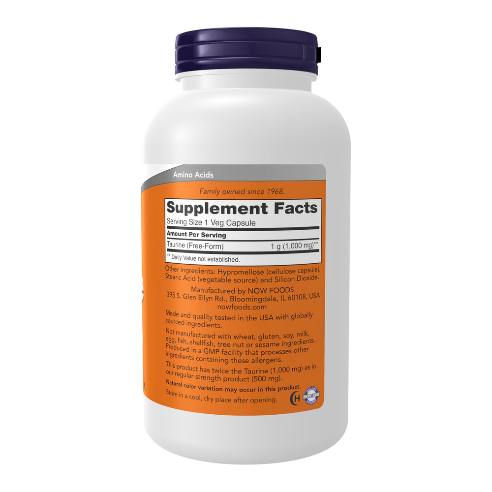 NOW Foods Taurine 1000 mg label closeup highlighting potency and supplement details