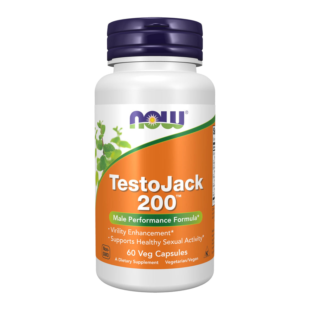 NOW Foods frasco TestoJack 200 vista frontal con etiqueta clara y confianza